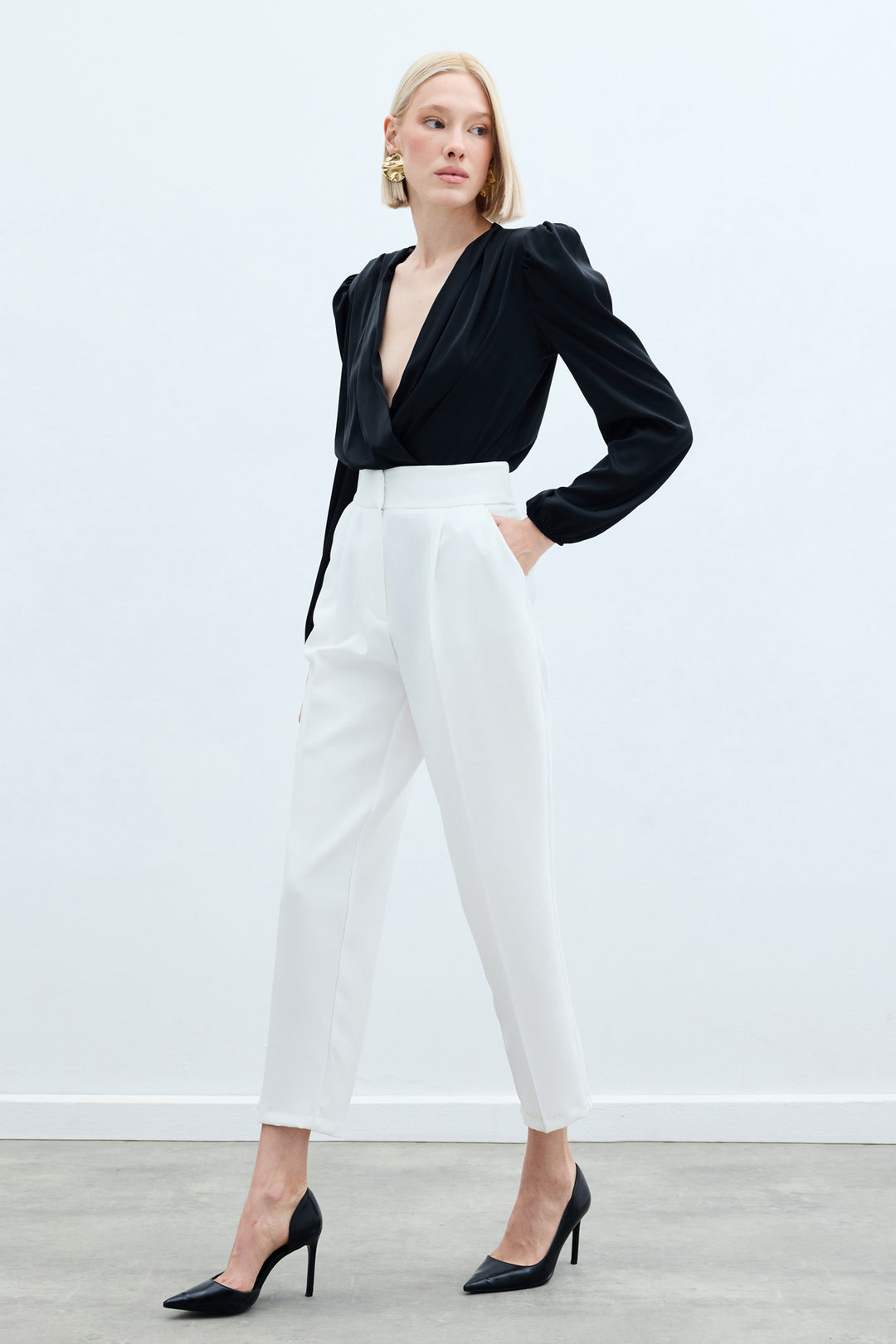 Sateen Pantalon Classique Taille Haute - Écru
