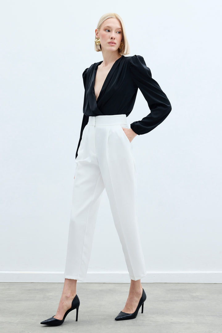 Sateen Pantalon Classique Taille Haute - Écru