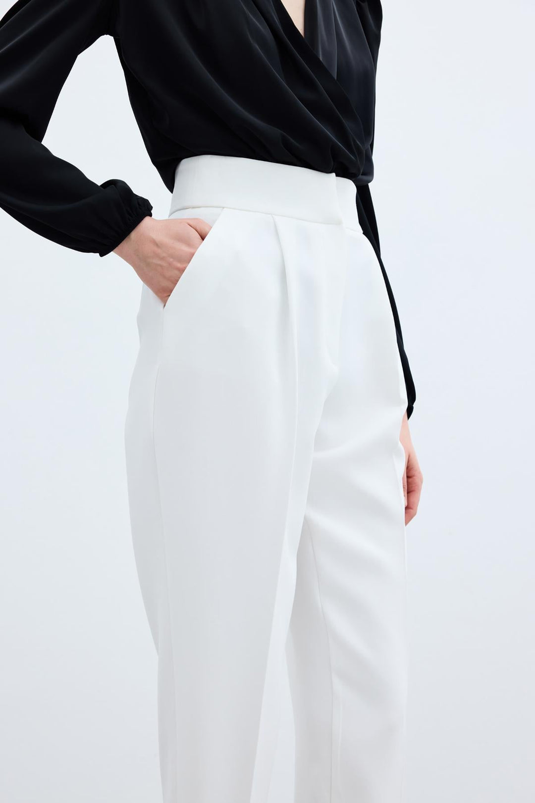 Sateen Pantalon Classique Taille Haute - Écru