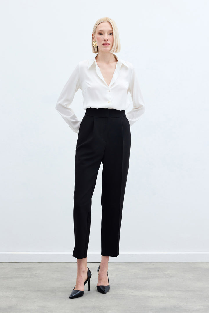 Sateen Pantalon Classique Taille Haute - Noir