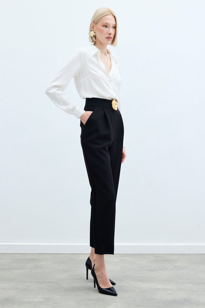 Sateen Pantalon Classique Taille Haute - Noir