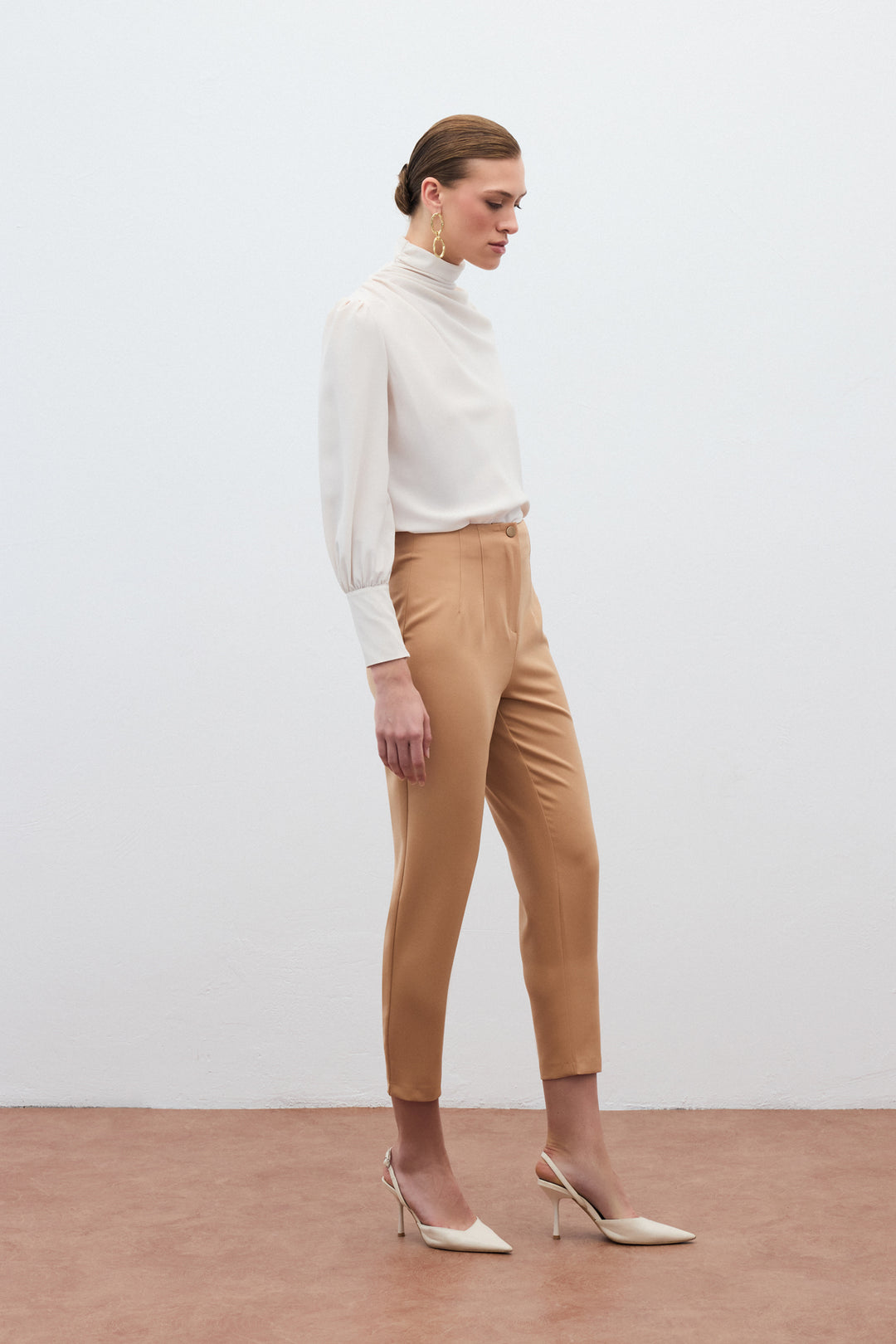 Sateen Pantalon taille haute - camel