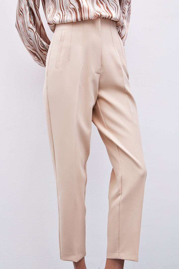 Sateen Pantalon Taille Haute à Pli - Beige
