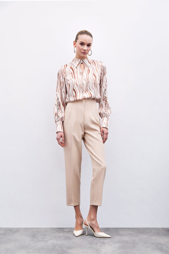 Sateen Pantalon Taille Haute à Pli - Beige
