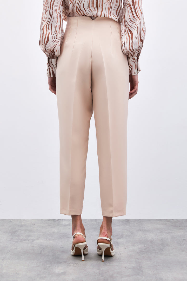 Sateen Pantalon Taille Haute à Pli - Beige