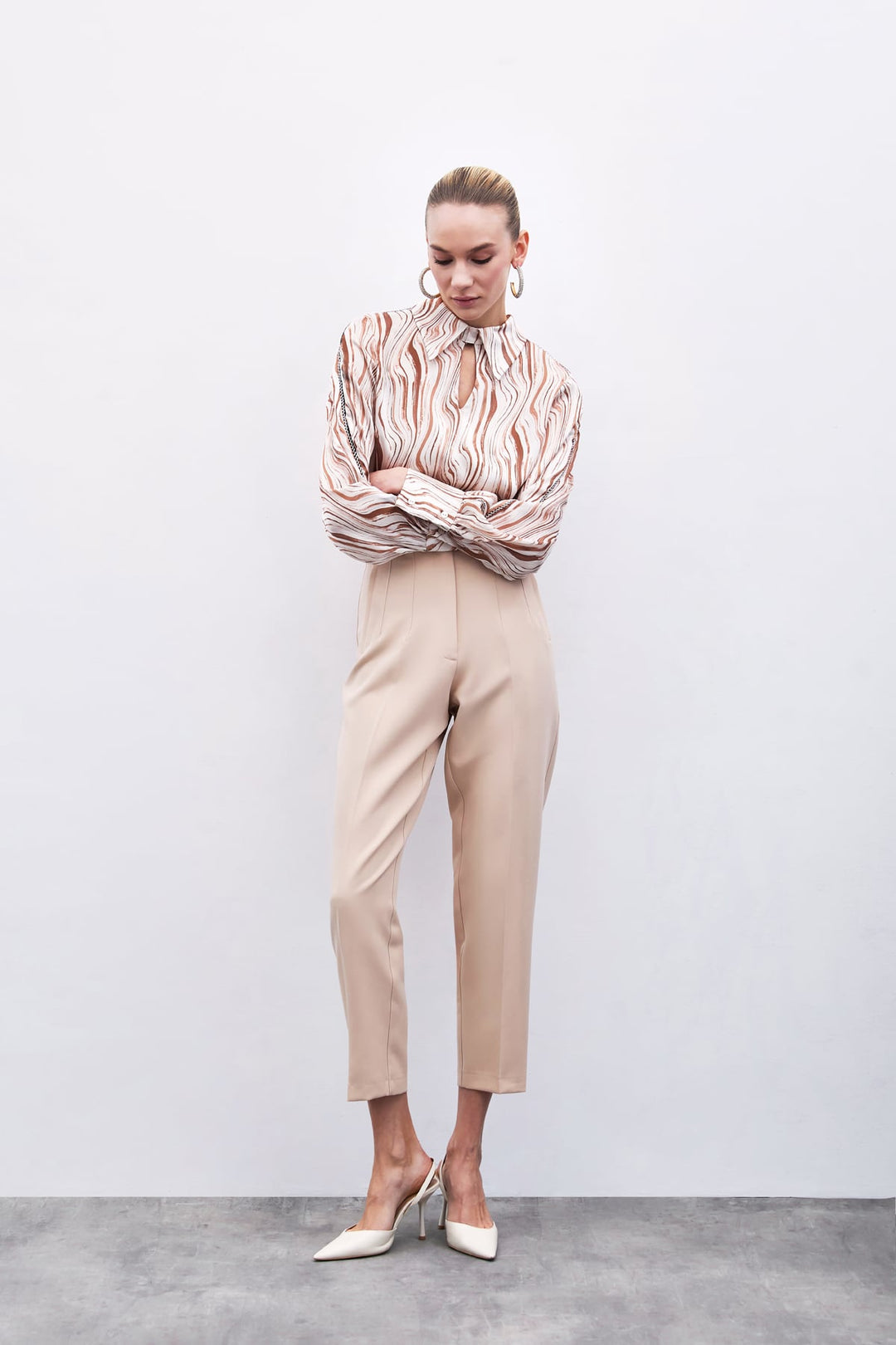 Sateen Pantalon Taille Haute à Pli - Beige