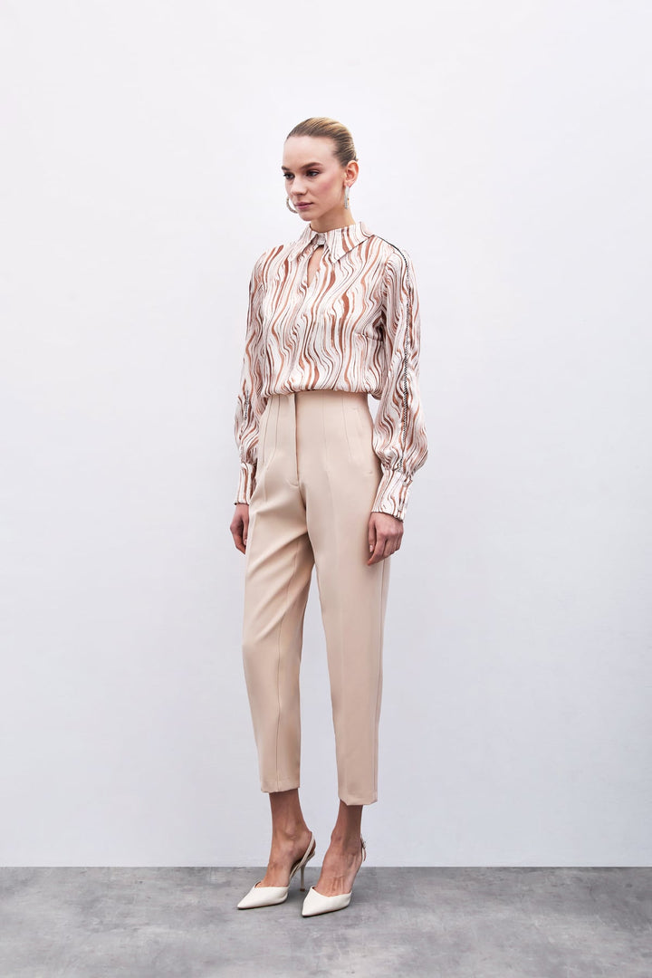 Sateen Pantalon Taille Haute à Pli - Beige