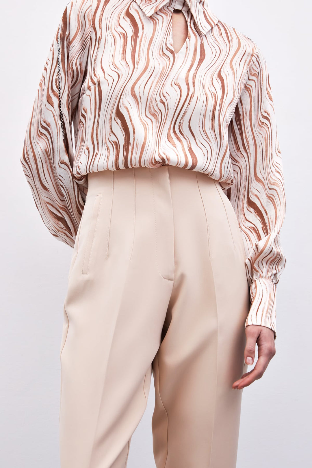 Sateen Pantalon Taille Haute à Pli - Beige