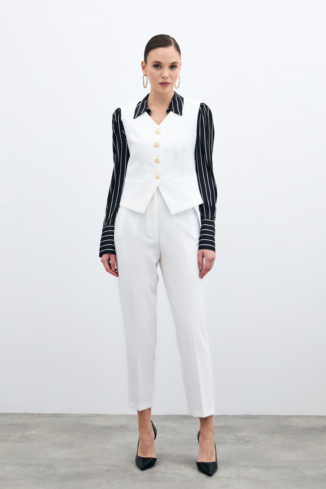 Sateen Pantalon taille haute avec plis - Écru