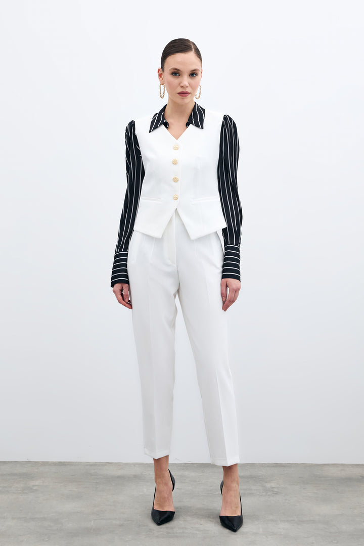 Sateen Pantalon taille haute avec plis - Écru