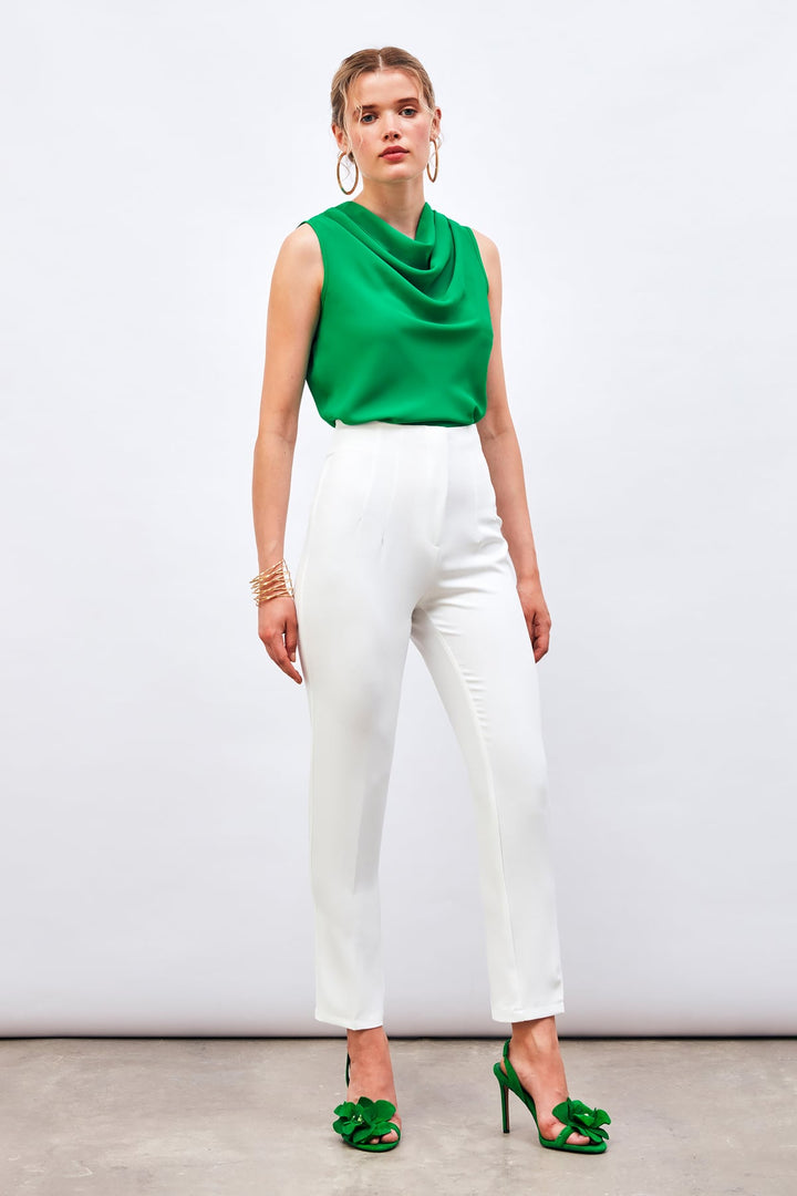 Sateen Pantalon taille haute à plis - Écru