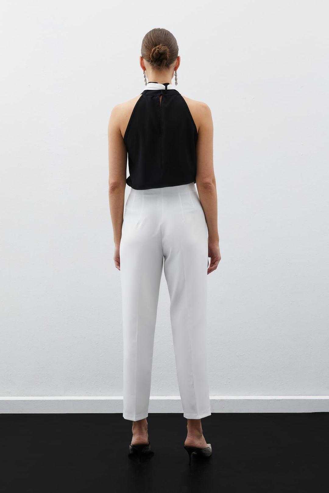 Sateen Pantalon Taille Haute à Pince - Écru