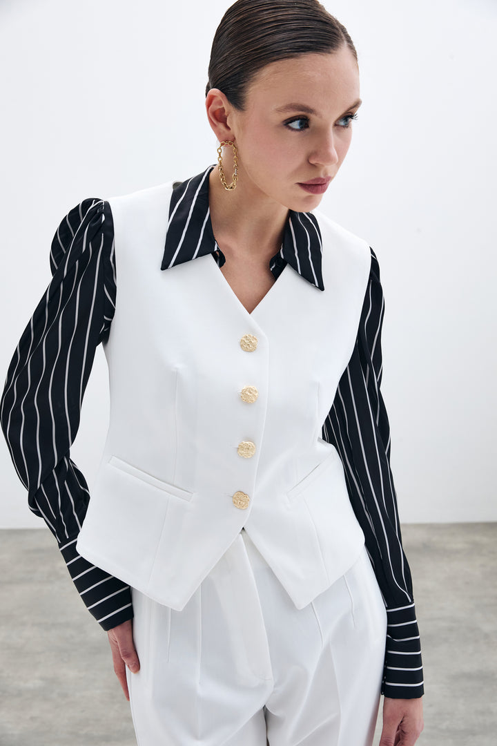Sateen Pantalon taille haute avec plis - Écru