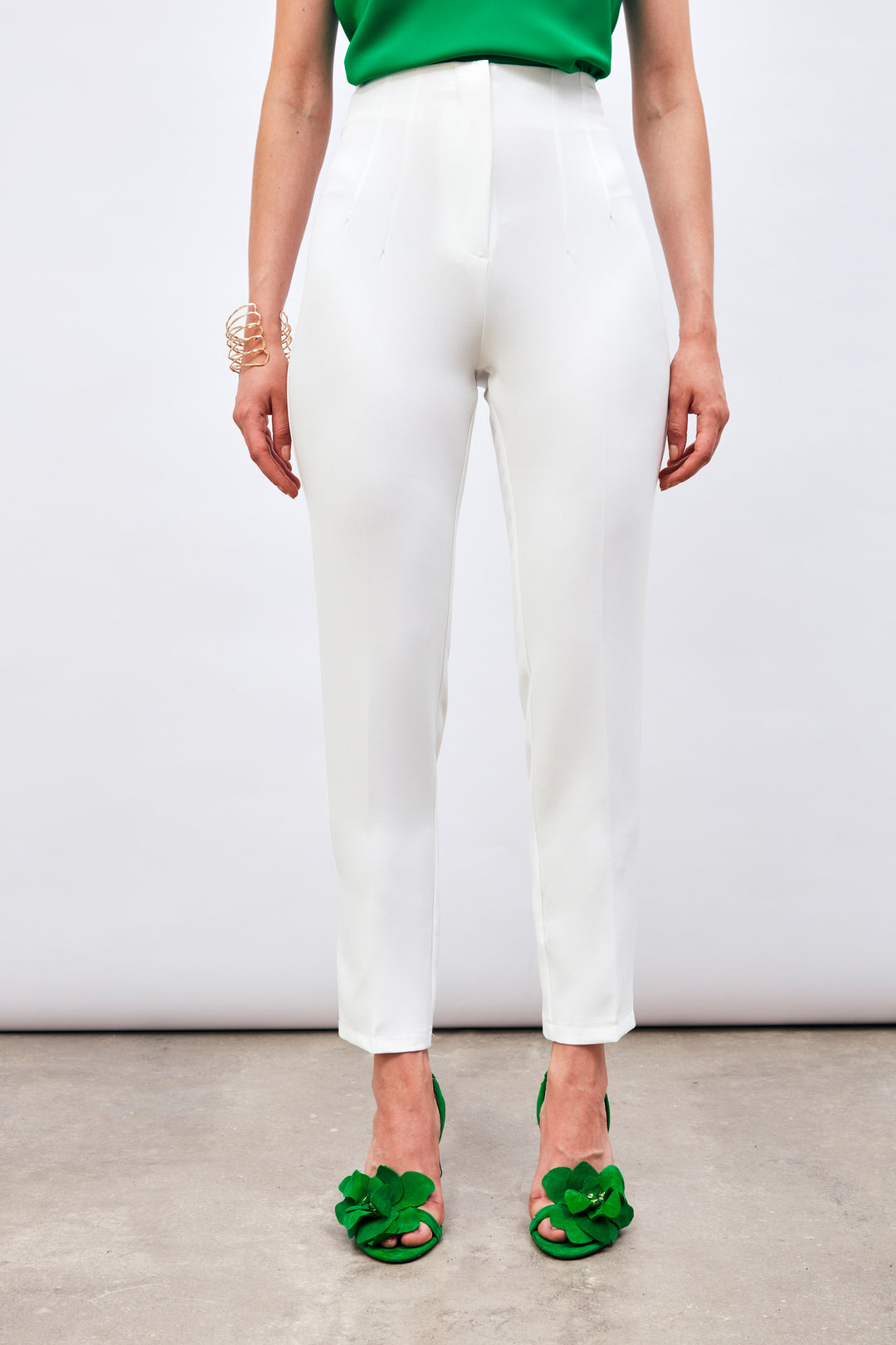 Sateen Pantalon taille haute à plis - Écru