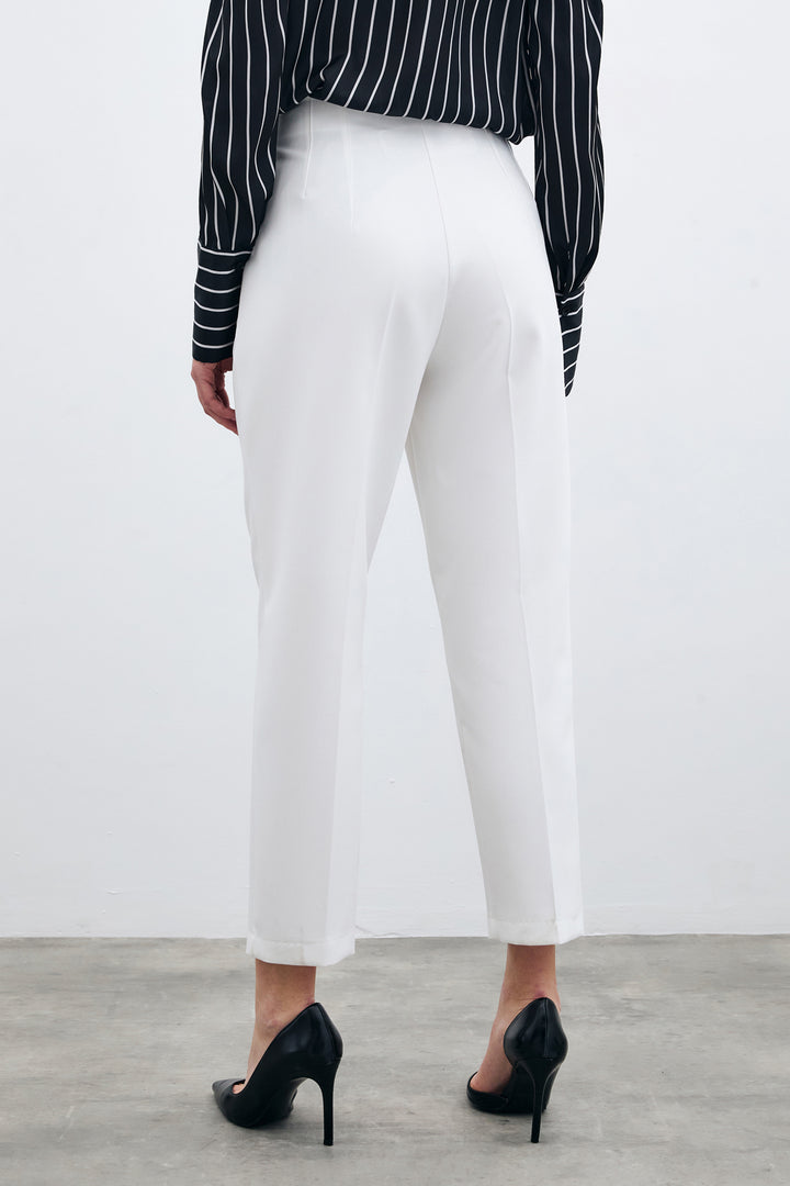 Sateen Pantalon taille haute avec plis - Écru