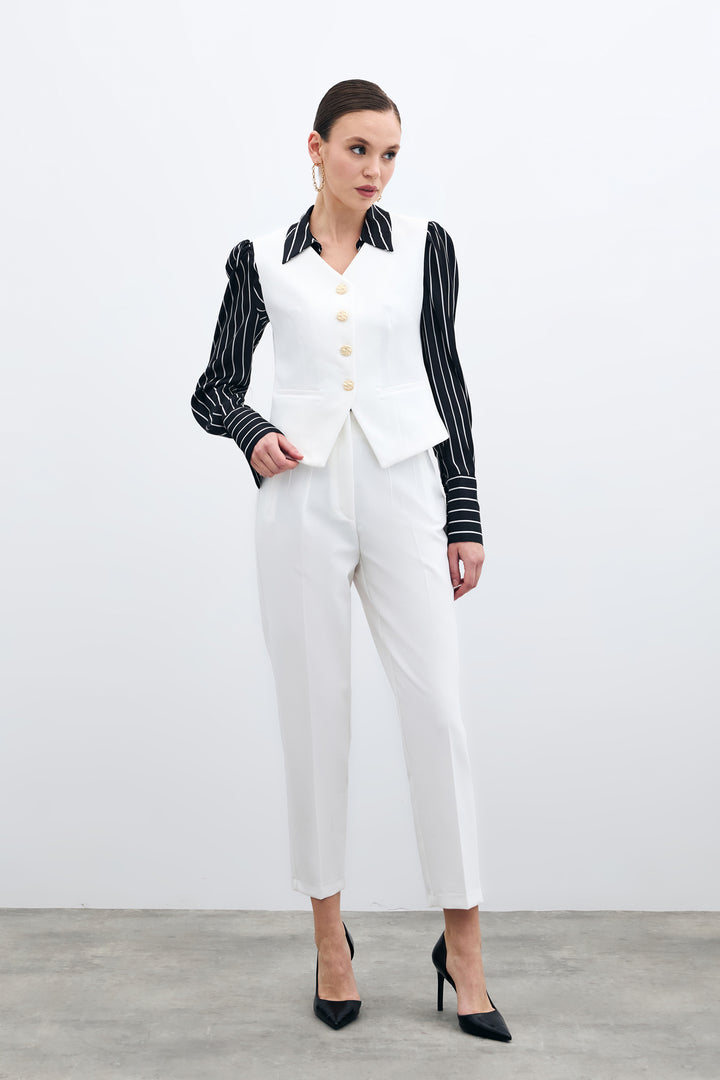 Sateen Pantalon taille haute avec plis - Écru