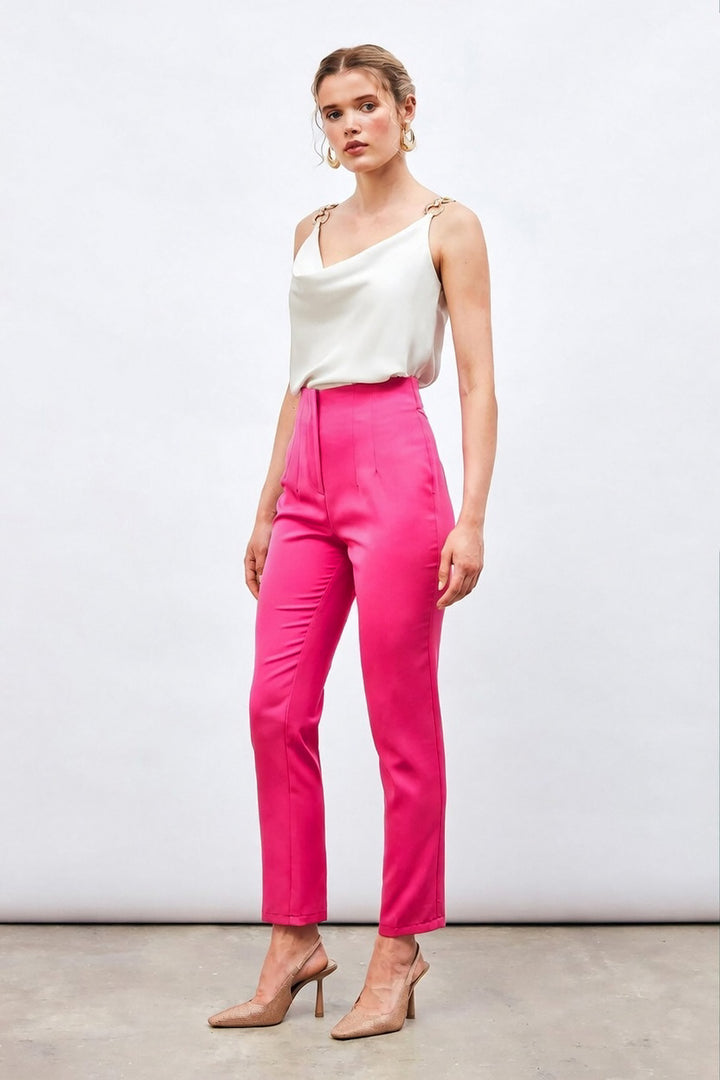 Sateen Pantalon taille haute avec plis - Fuchsia