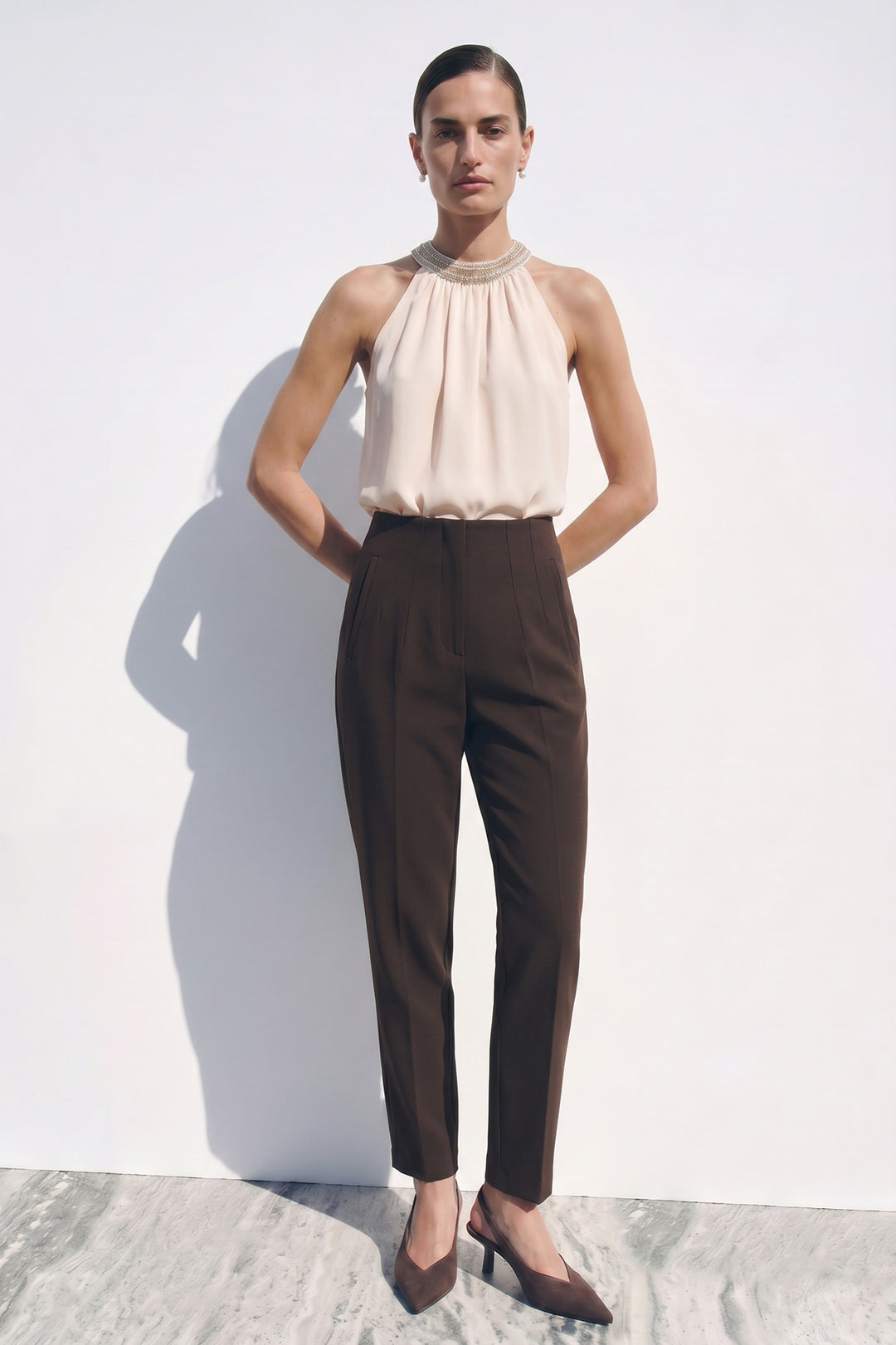 Sateen Pantalon taille haute à plis - Marron
