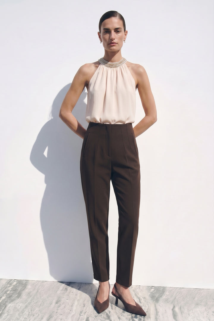 Sateen Pantalon taille haute à plis - Marron