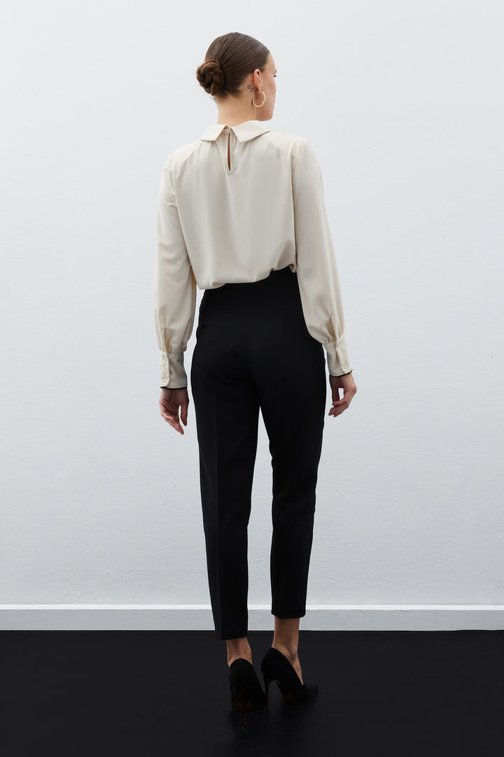 Sateen Pantalon Taille Haute à Pince - Noir