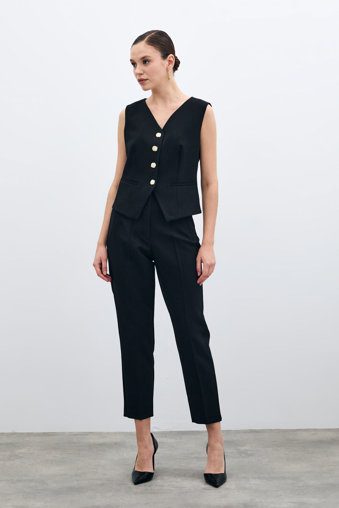 Sateen Pantalon à taille haute avec plis - Noir