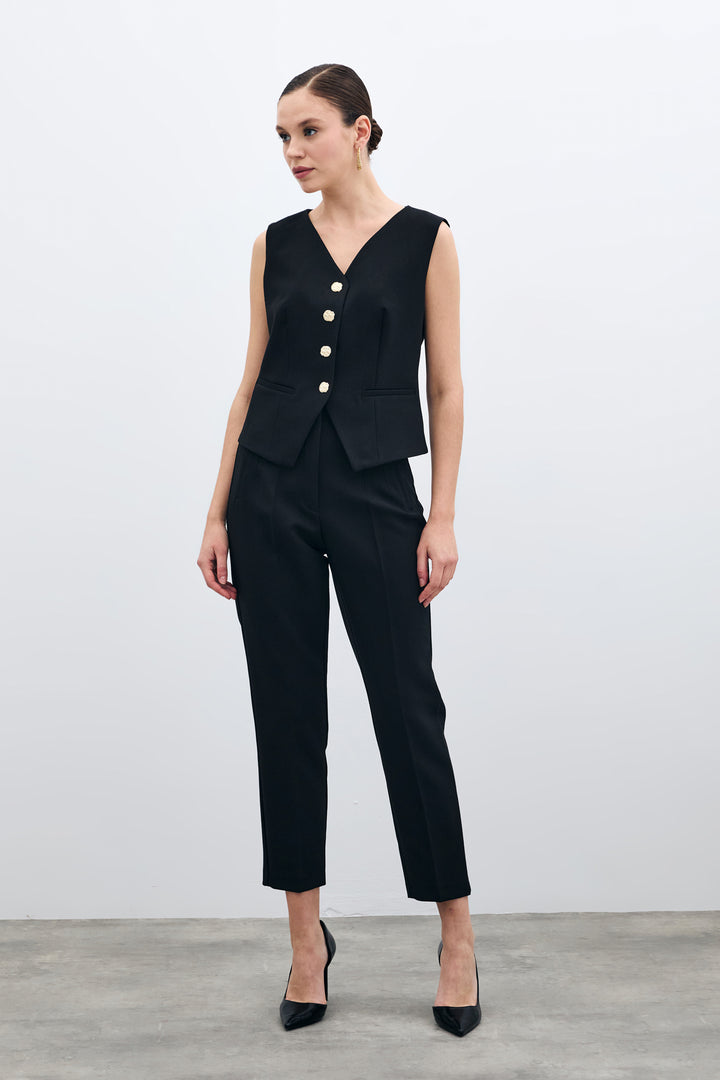 Sateen Pantalon à taille haute avec plis - Noir