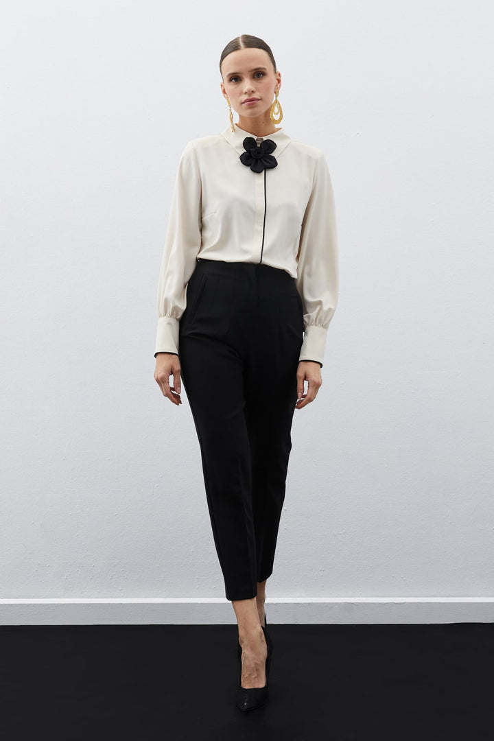 Sateen Pantalon Taille Haute à Pince - Noir