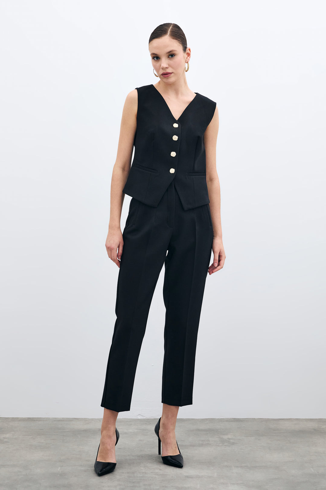 Sateen Pantalon à taille haute avec plis - Noir
