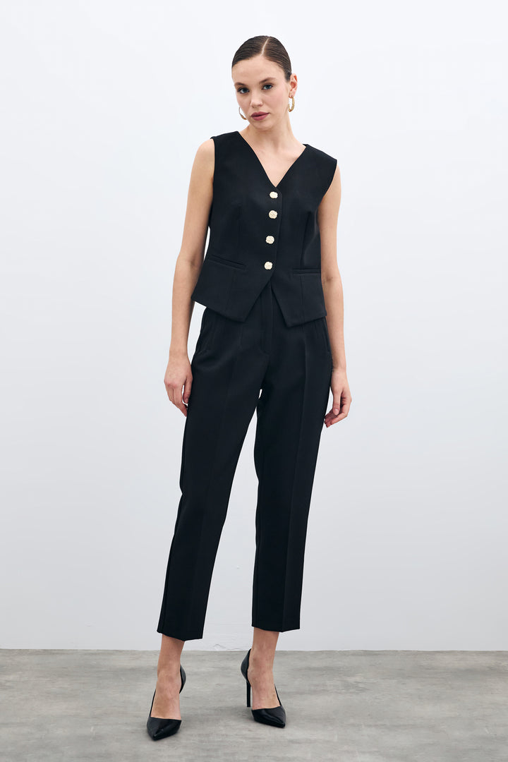 Sateen Pantalon à taille haute avec plis - Noir