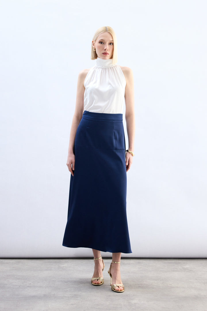 Sateen Jupe Satin Haute Taille - Bleu marine