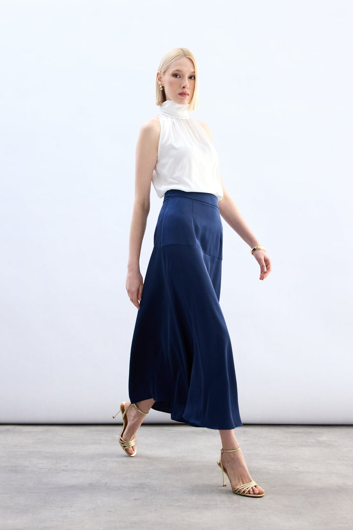 Sateen Jupe Satin Haute Taille - Bleu marine