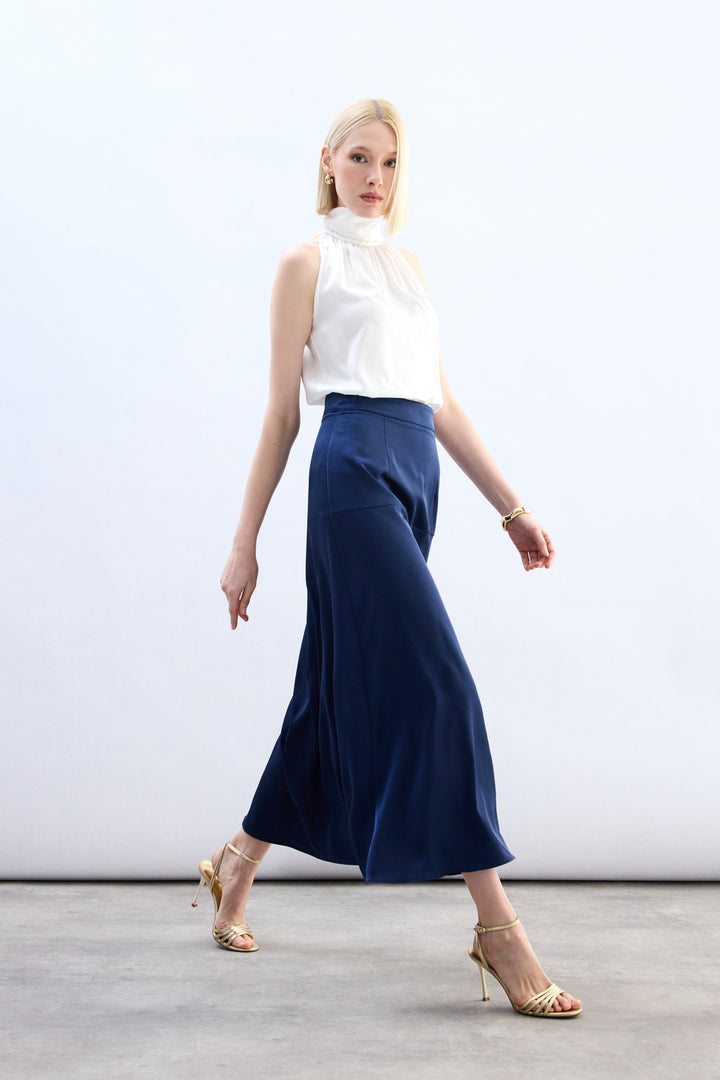 Sateen Jupe Satin Haute Taille - Bleu marine