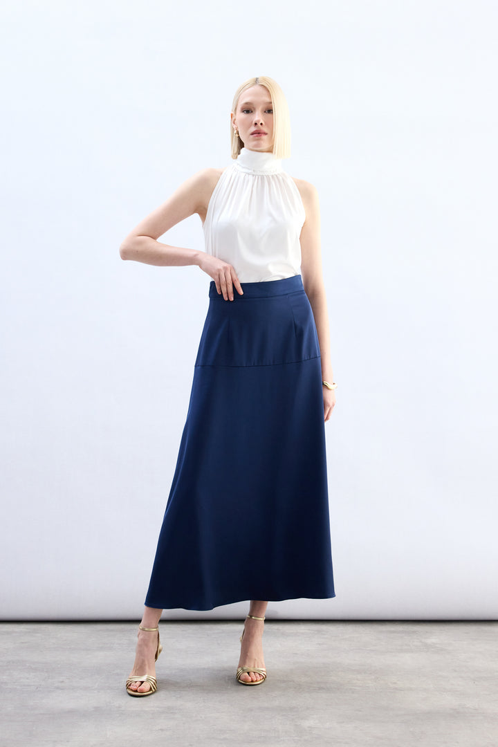 Sateen Jupe Satin Haute Taille - Bleu marine
