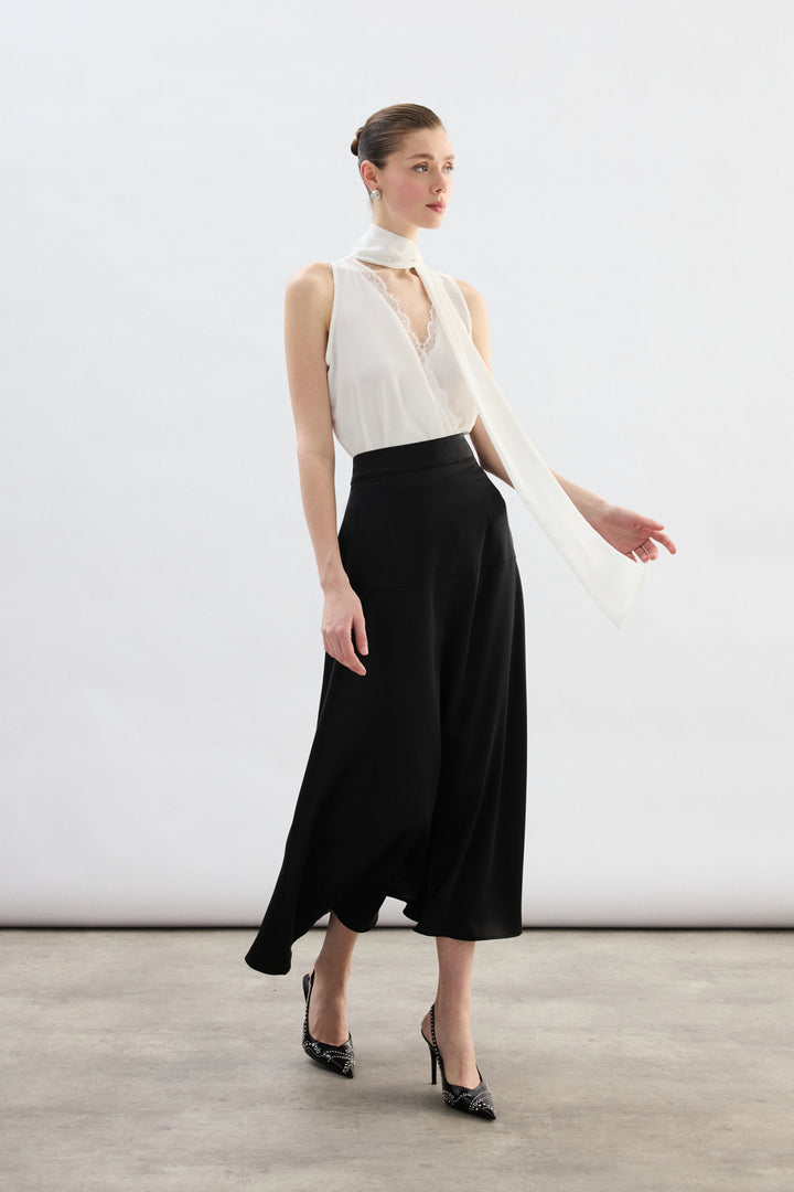 Sateen Jupe Satin Haute Taille - Noir