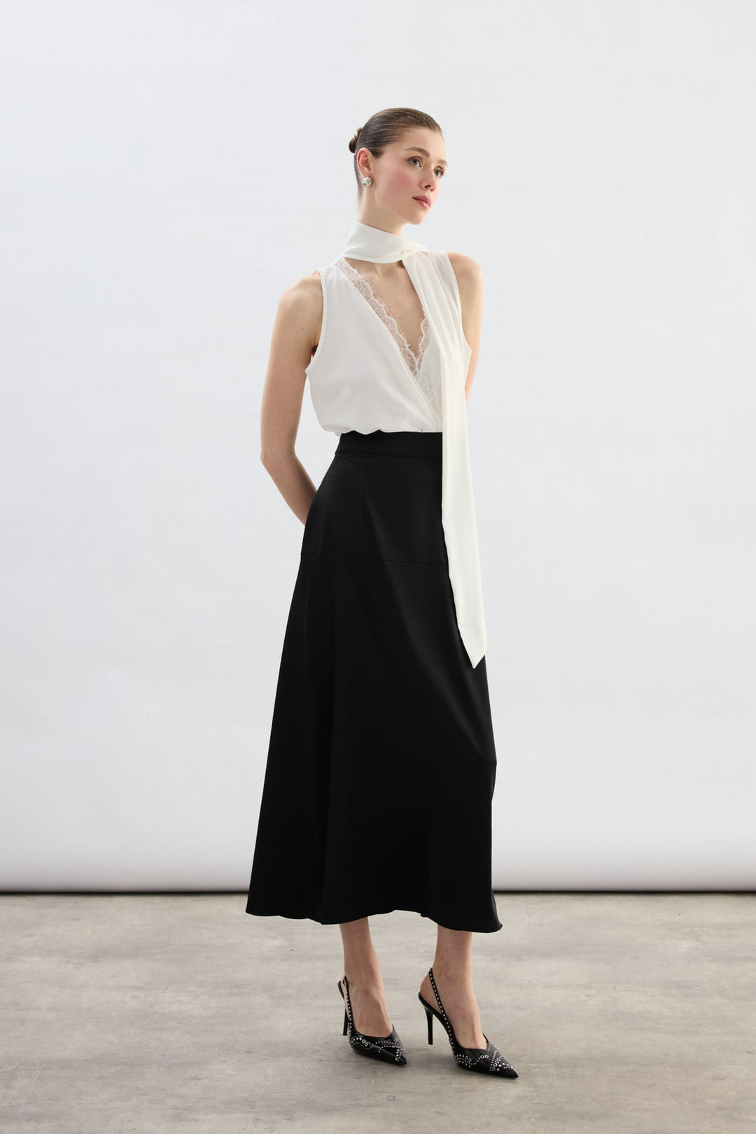 Sateen Jupe Satin Haute Taille - Noir