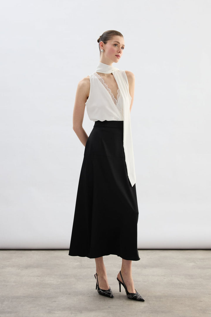 Sateen Jupe Satin Haute Taille - Noir