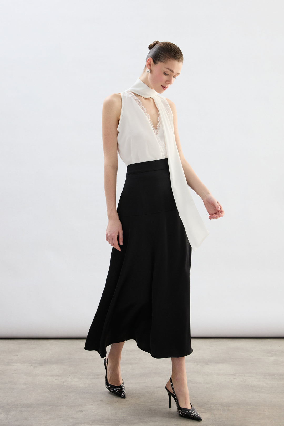 Sateen Jupe Satin Haute Taille - Noir