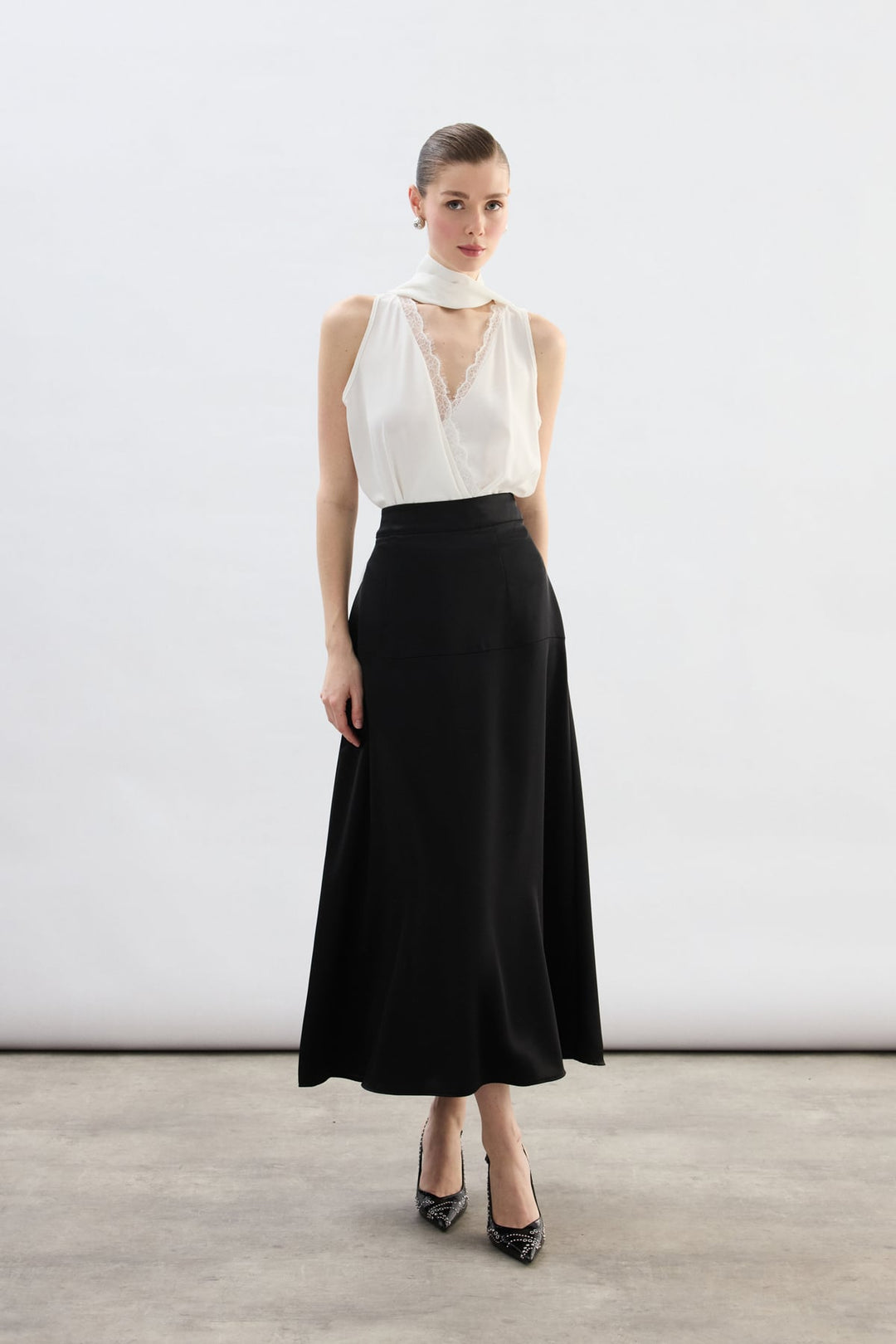 Sateen Jupe Satin Haute Taille - Noir