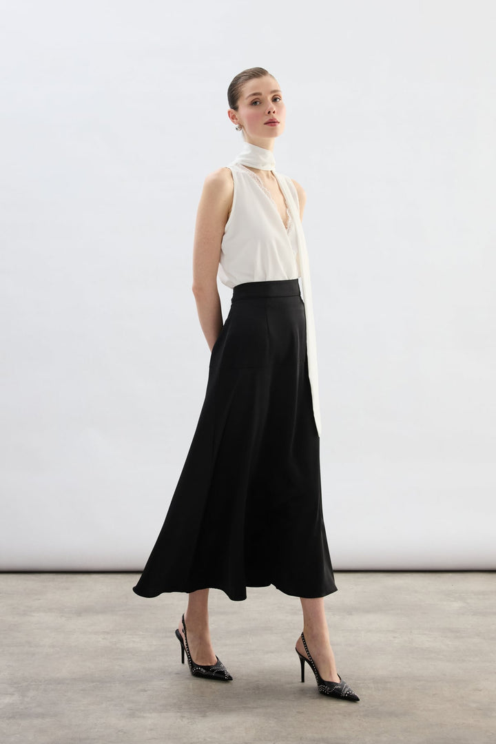 Sateen Jupe Satin Haute Taille - Noir