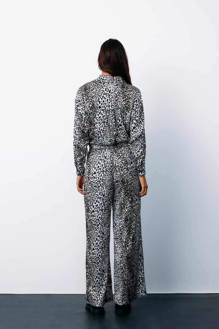 Sateen Pantalon léopard en satin taille haute - Écru