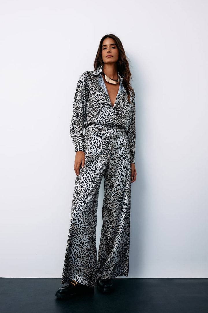 Sateen Pantalon léopard en satin taille haute - Écru