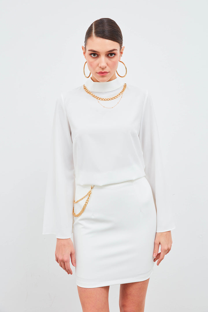 Sateen Jupe Mini avec Accessoire en Chaîne - Écru