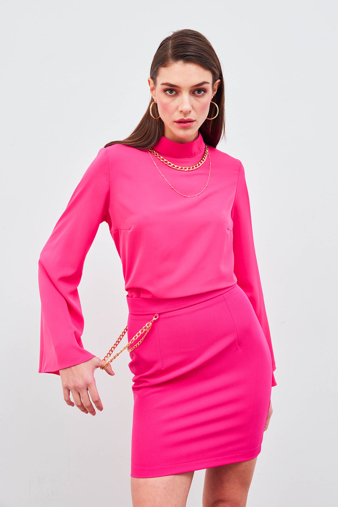 Sateen Jupe Mini avec Accessoire en Chaîne - Fuchsia