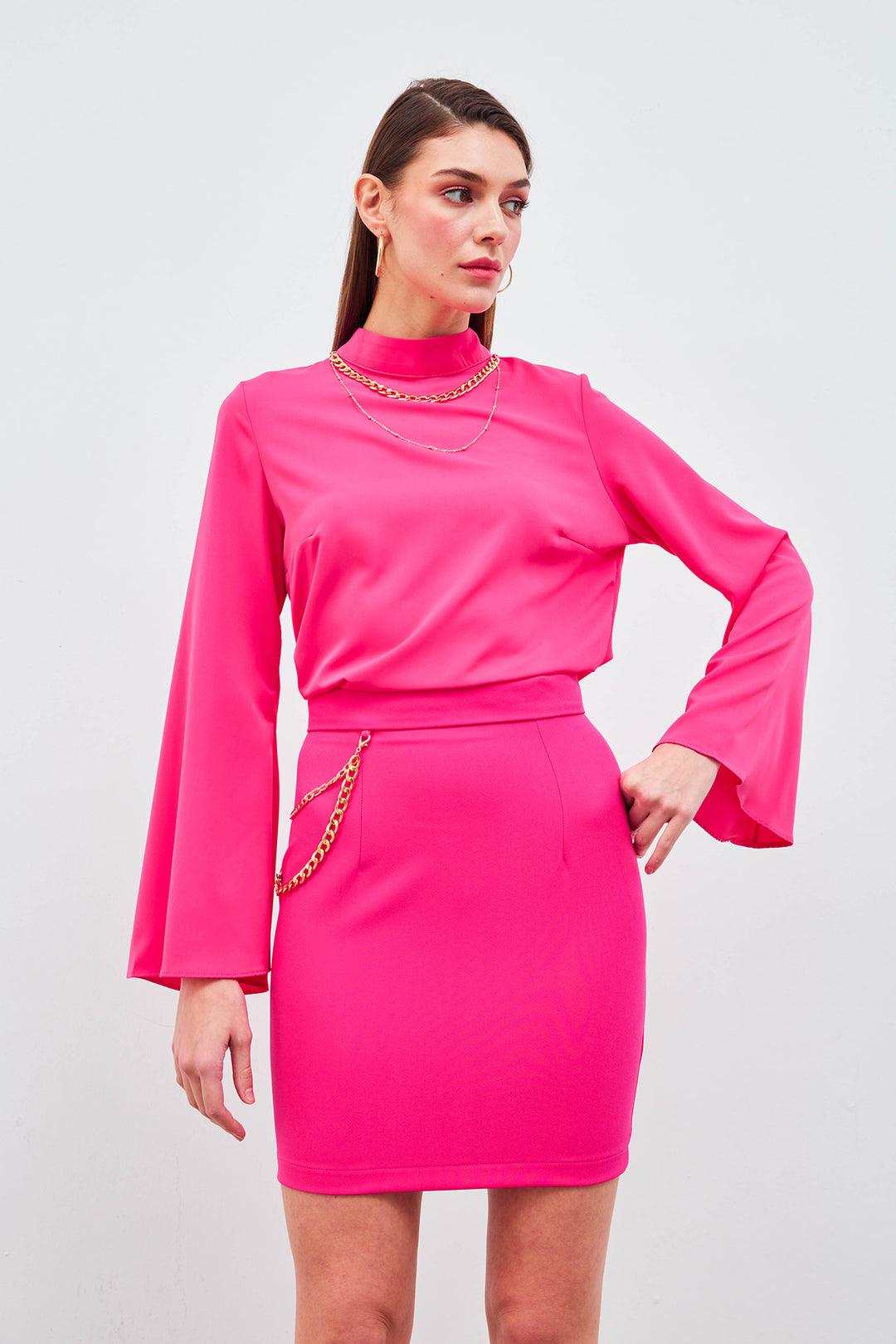 Sateen Jupe Mini avec Accessoire en Chaîne - Fuchsia