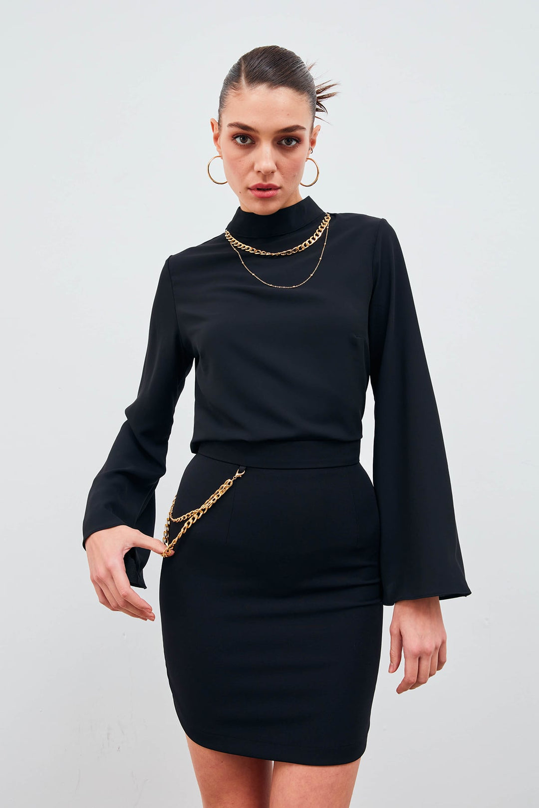 Sateen Jupe Mini avec Accessoire en Chaîne - Noir