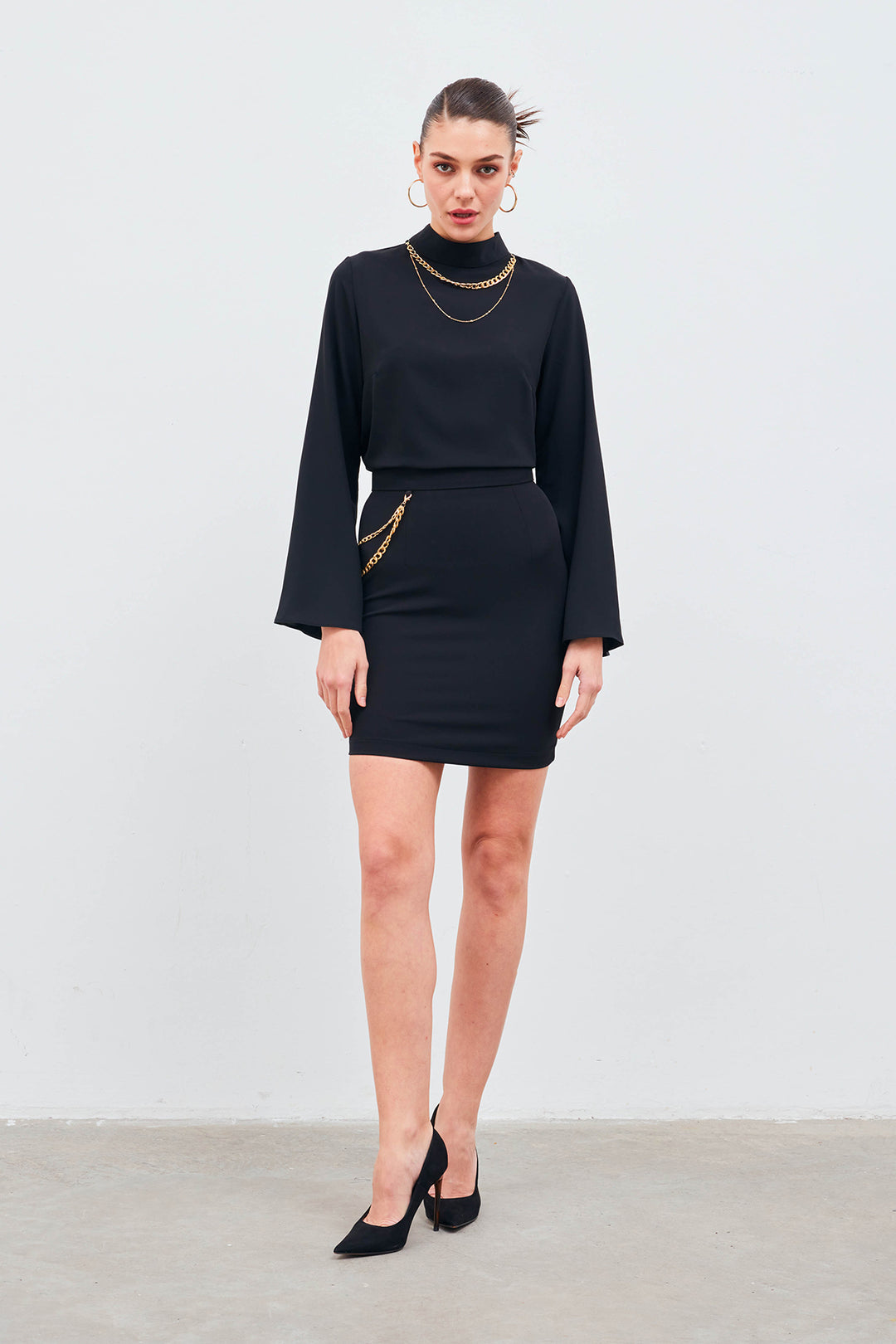 Sateen Jupe Mini avec Accessoire en Chaîne - Noir