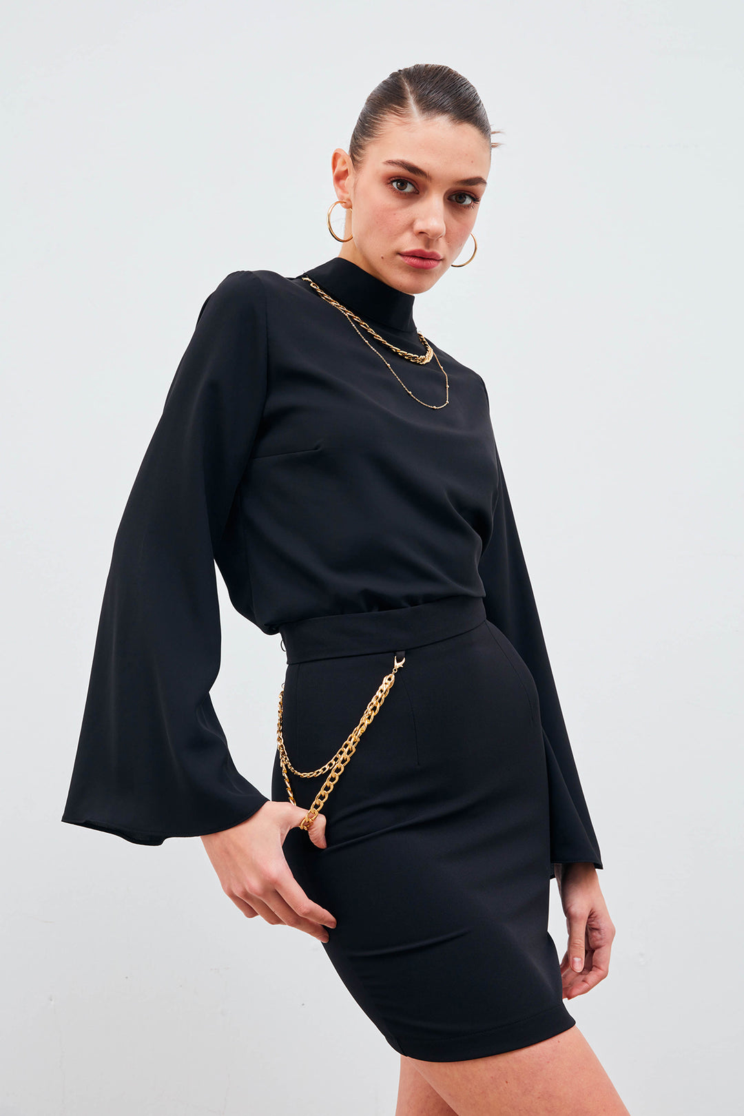 Sateen Jupe Mini avec Accessoire en Chaîne - Noir