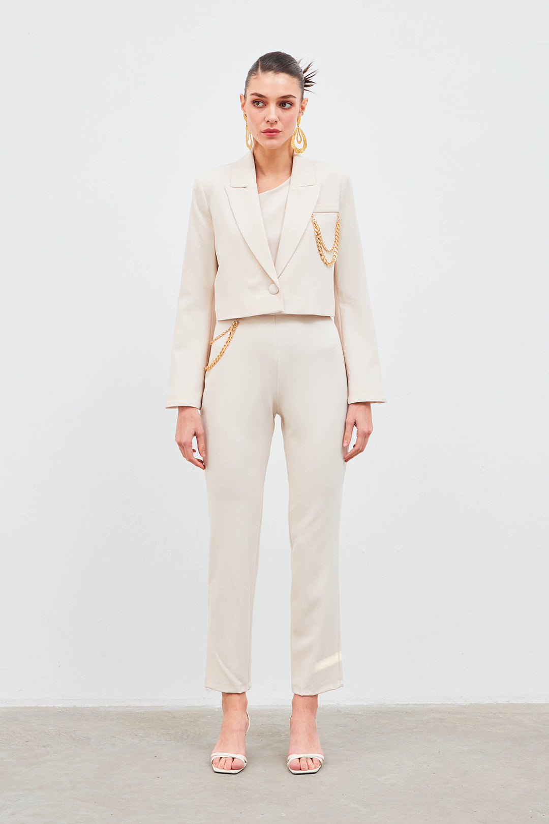Sateen Pantalon avec accessoire en chaîne - Beige