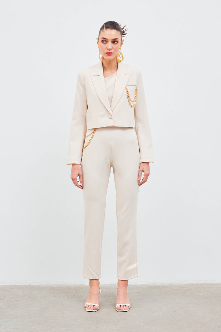 Sateen Pantalon avec accessoire en chaîne - Beige