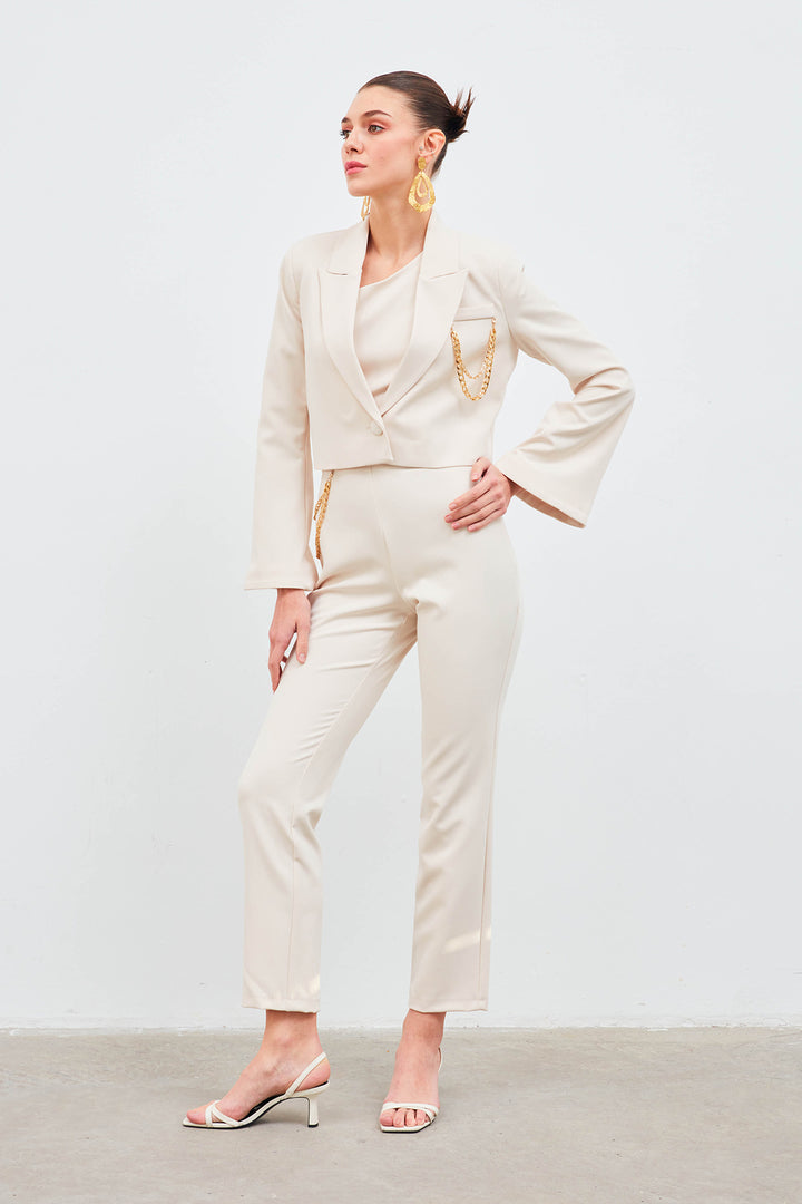 Sateen Pantalon avec accessoire en chaîne - Beige